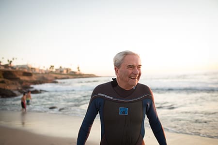 Portrait of senior man in wet suit at the beach