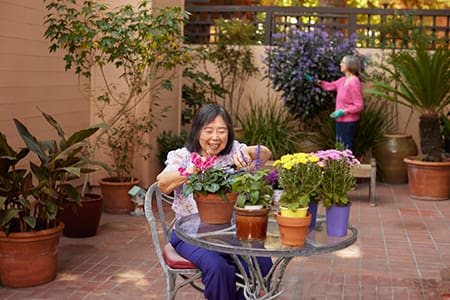Woman planting with pots at Webster House