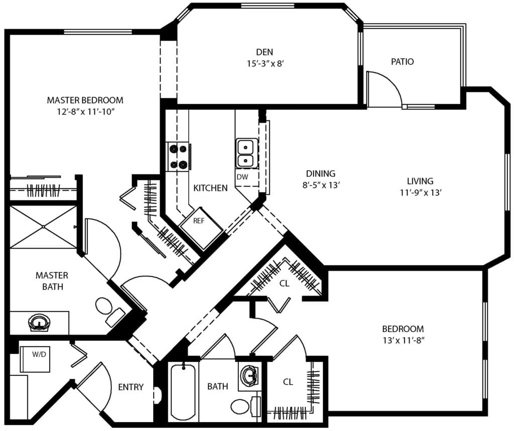 CBTS Floor Plan P 2 Br 2 Ba Den 1200 sqft
