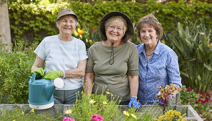 three Vista del Monte residents gardening