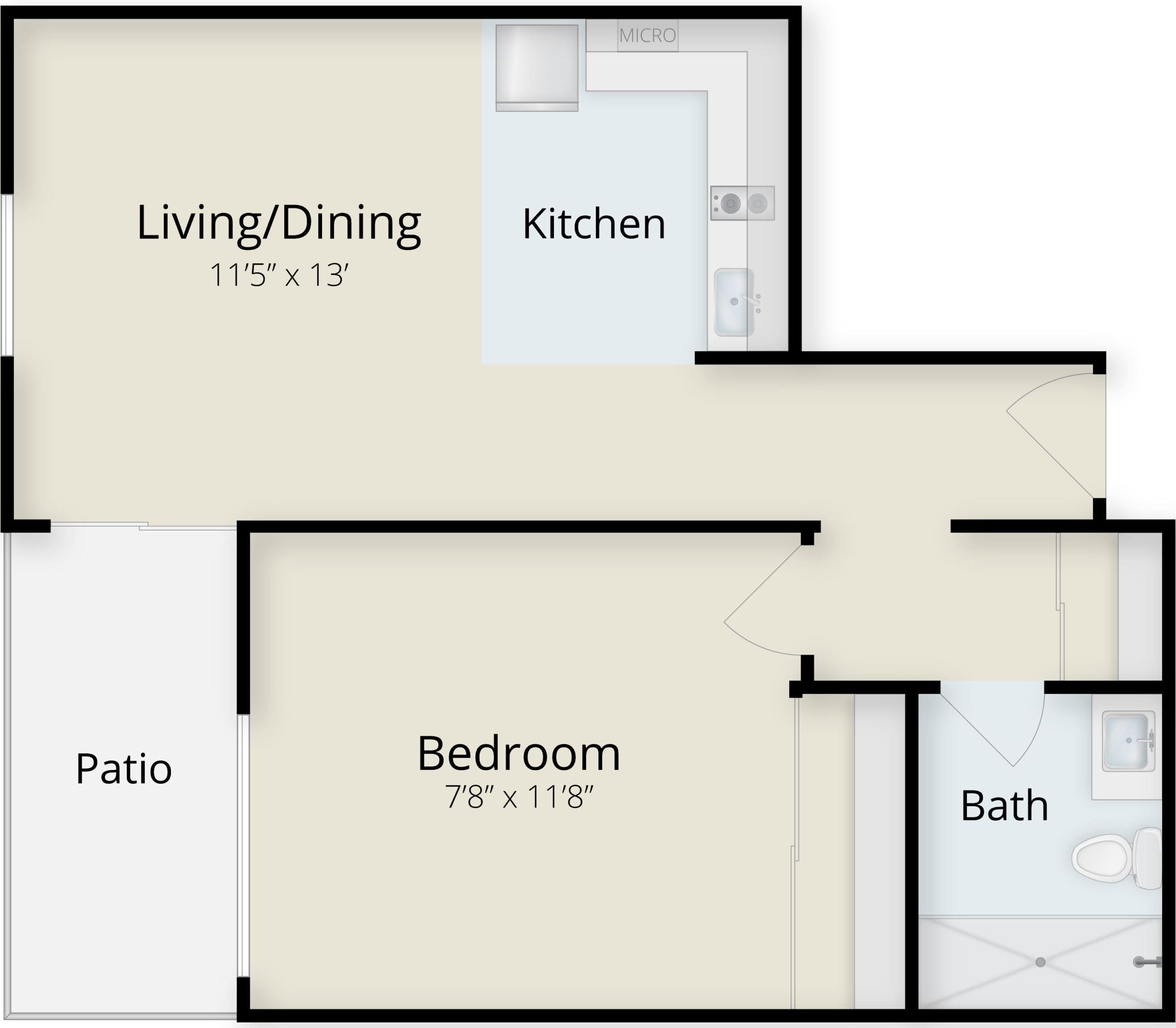 One bedroom one bath apartment floor plan