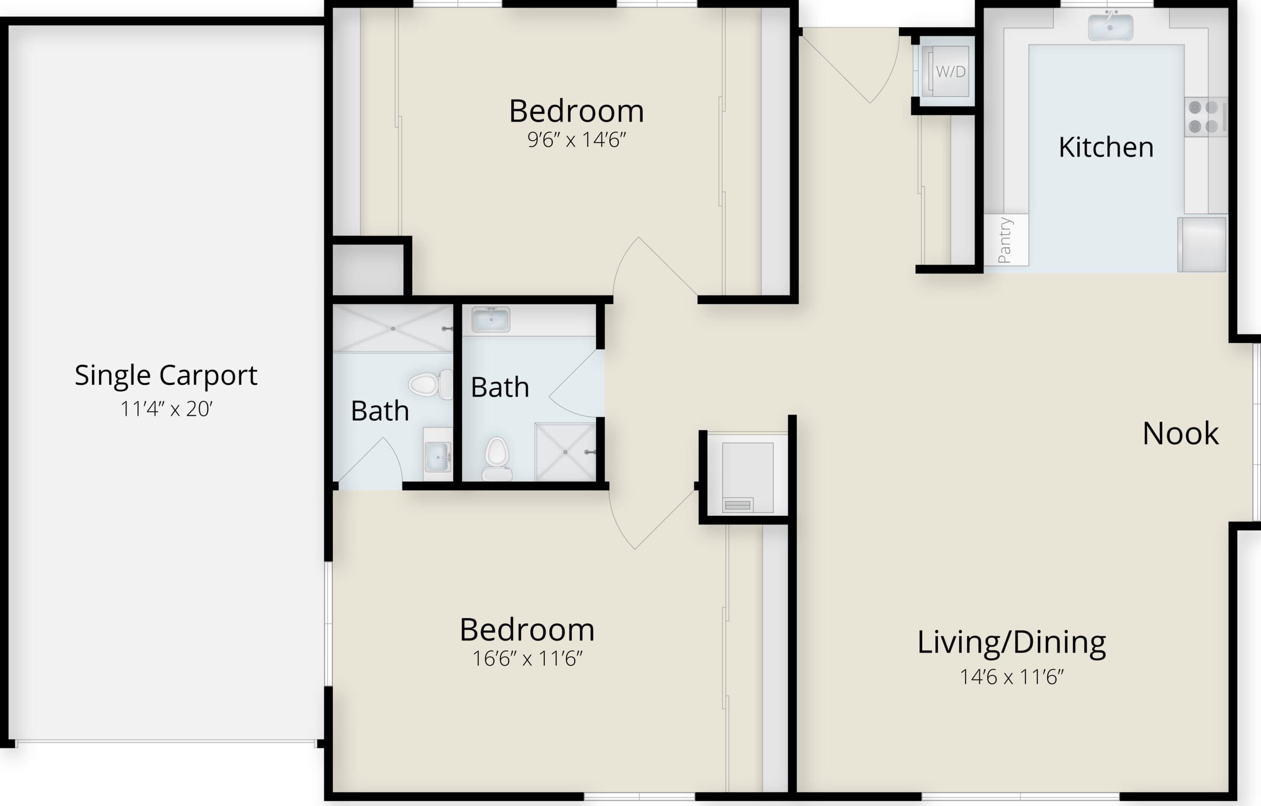 Two bedroom two bath cottage floor plan 960 sq ft