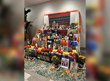 An ofrenda covered in pictures and flowers.