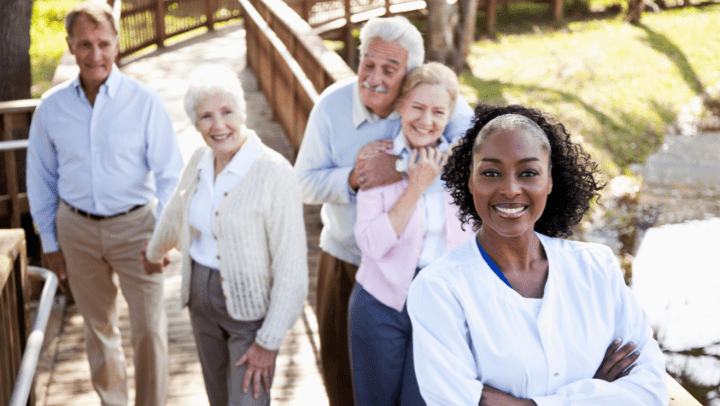 a group of senior citizens with a nurse