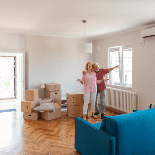 Elderly couple in a house with boxes 