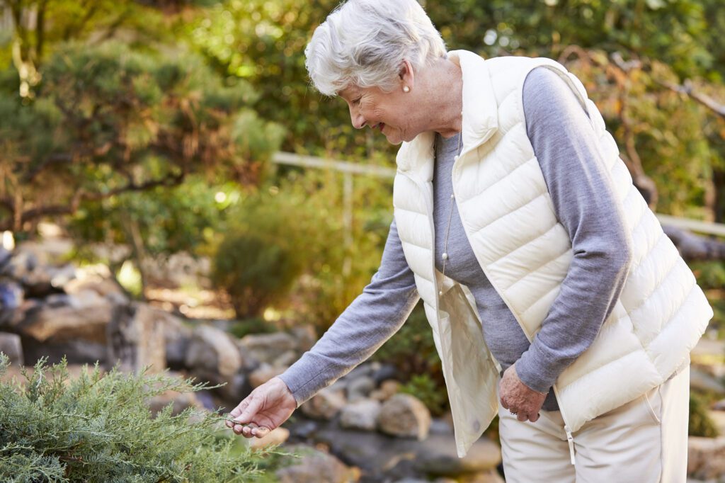 old lady touching a leaf