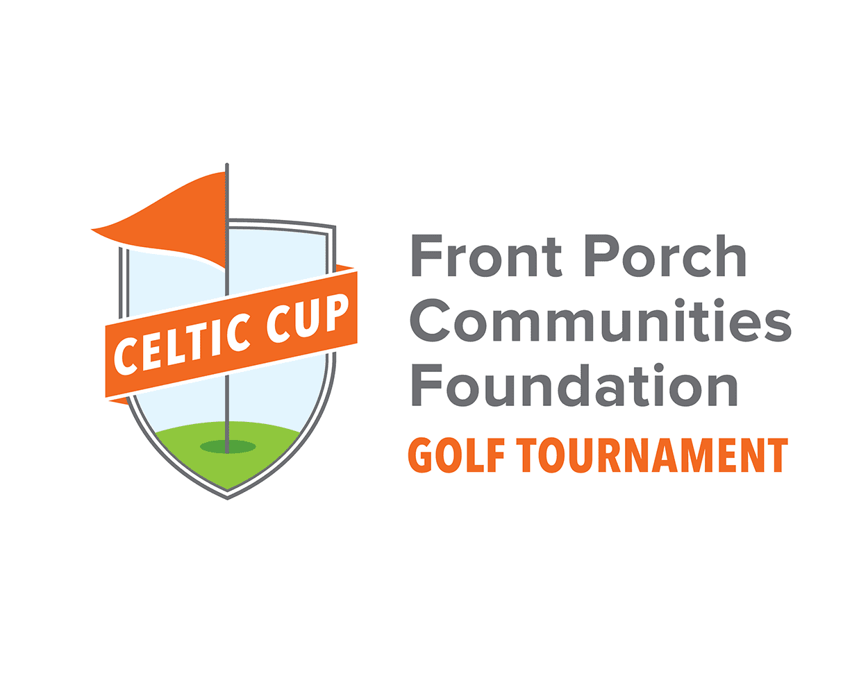 A logo with the words Front Porch Communities Foundation Golf Tournament next to a badge featuring a flag in a golf hole and the words Celtic Cup.