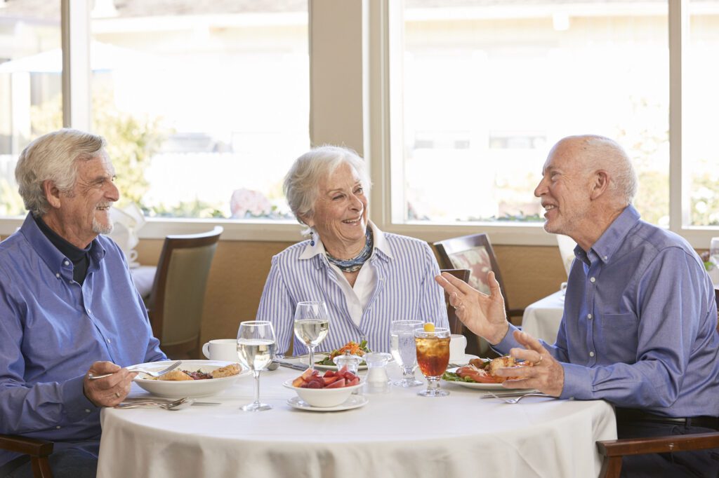 a group of seniors having a conversation and smiling each other