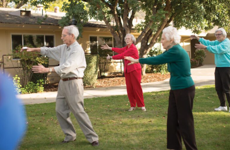 a group of seniors doing yoga