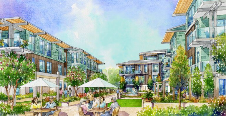 Proposed Los Gatos community drawing, showing people in a sunny courtyard