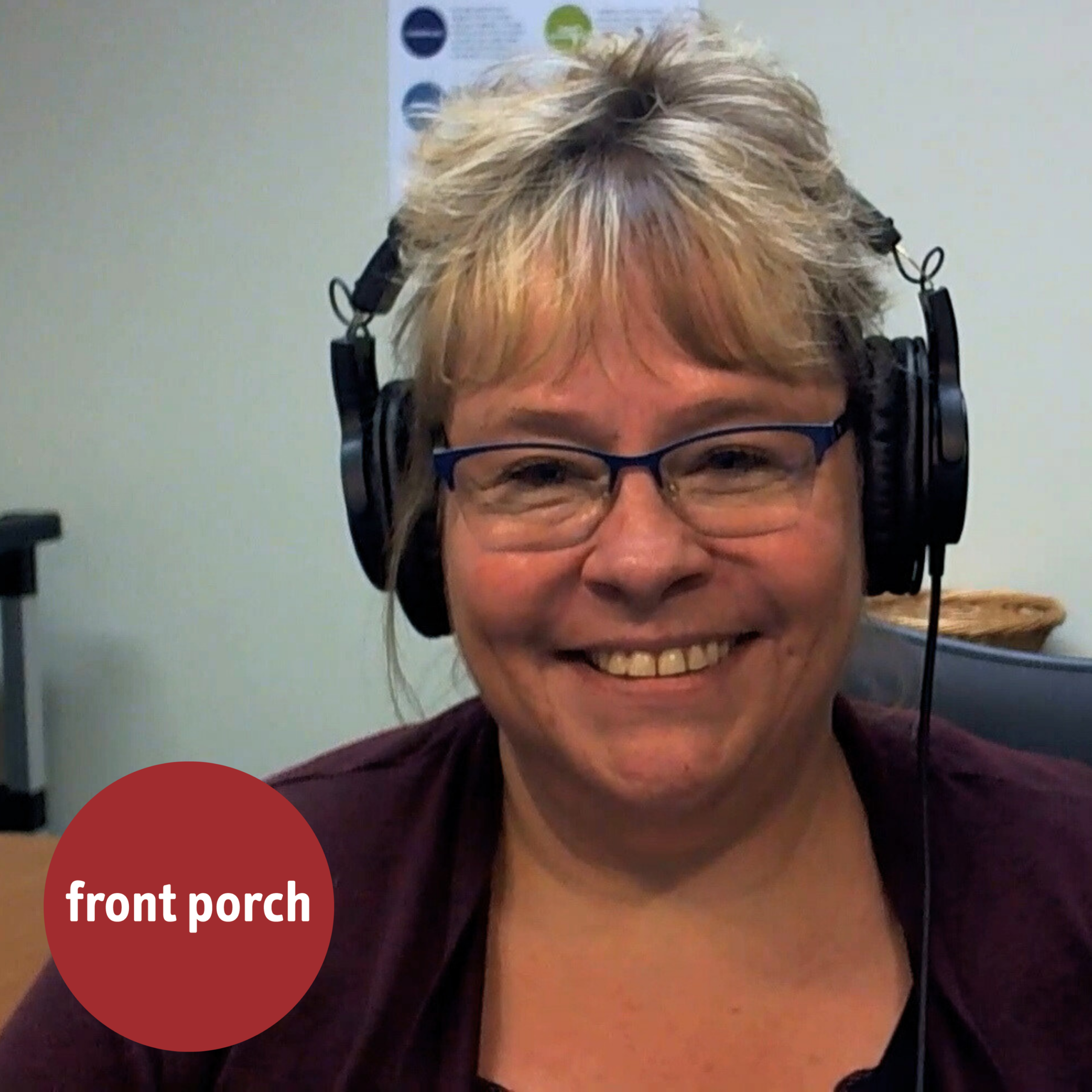 A woman wearing headphones and glasses smiles. The Front Porch logo is in the bottom left corner.