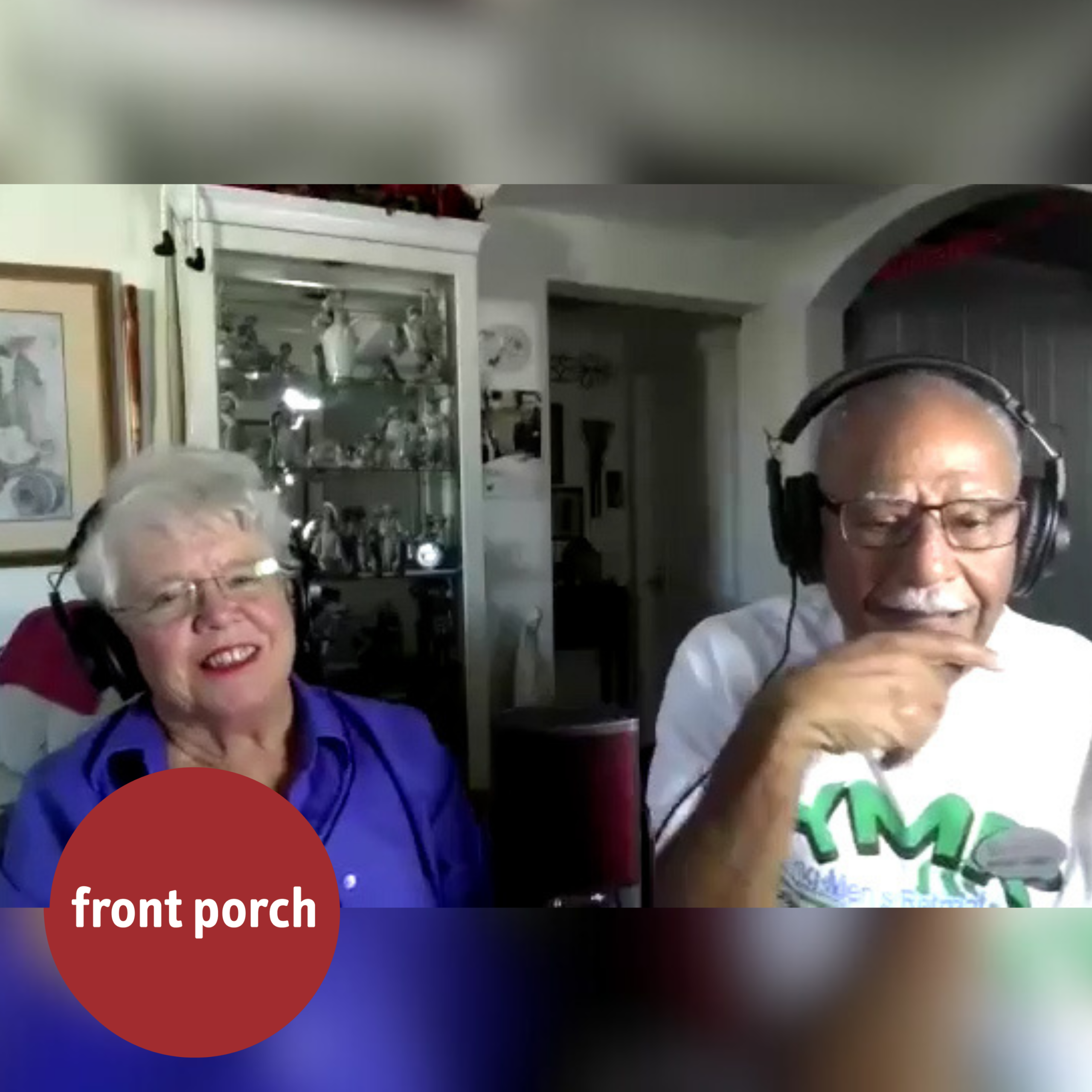 Two older adults sit together, wearing headphones. The Front Porch logo is in the bottom left corner.