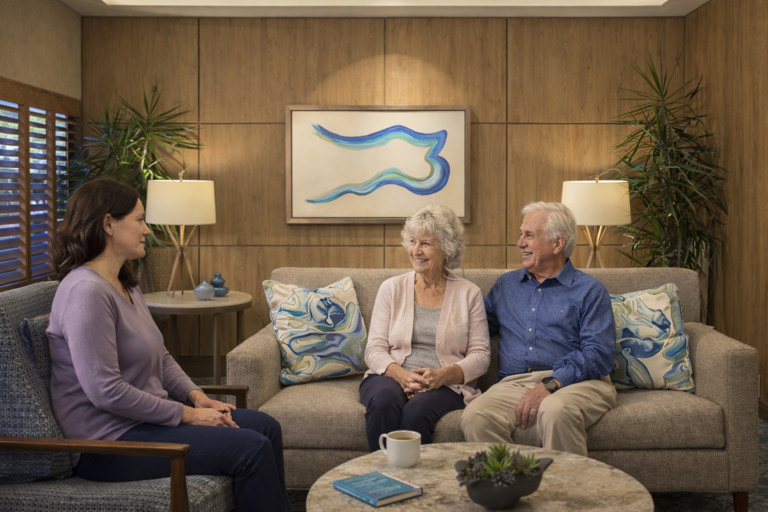 seniors talking heart to heart in senior living community