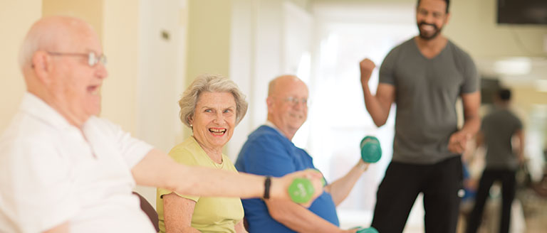 seniors exercizing in an independent living