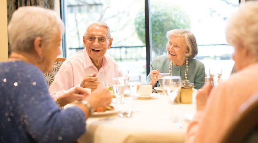 a group of seniors having dinner and talking each other