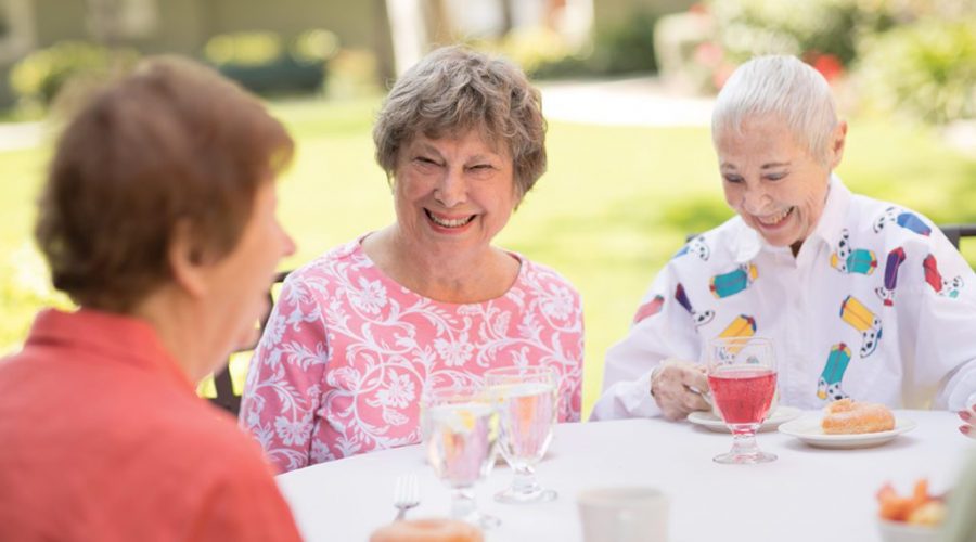 a group ladies chatting and eating