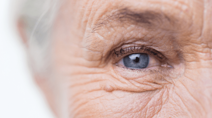 A close-up of an older lady's blue eye.